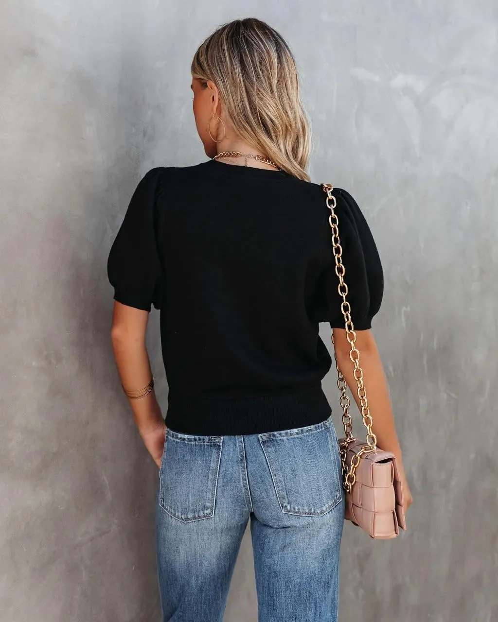 Womens Puff Short Sleeve Sweater Tops Crewneck Basic Knit Pullover Lightweight Solid Casual Sweaters Blouse