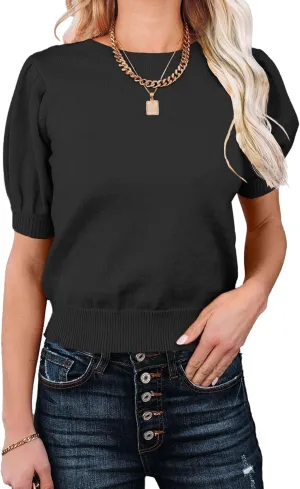 Womens Puff Short Sleeve Sweater Tops Crewneck Basic Knit Pullover Lightweight Solid Casual Sweaters Blouse