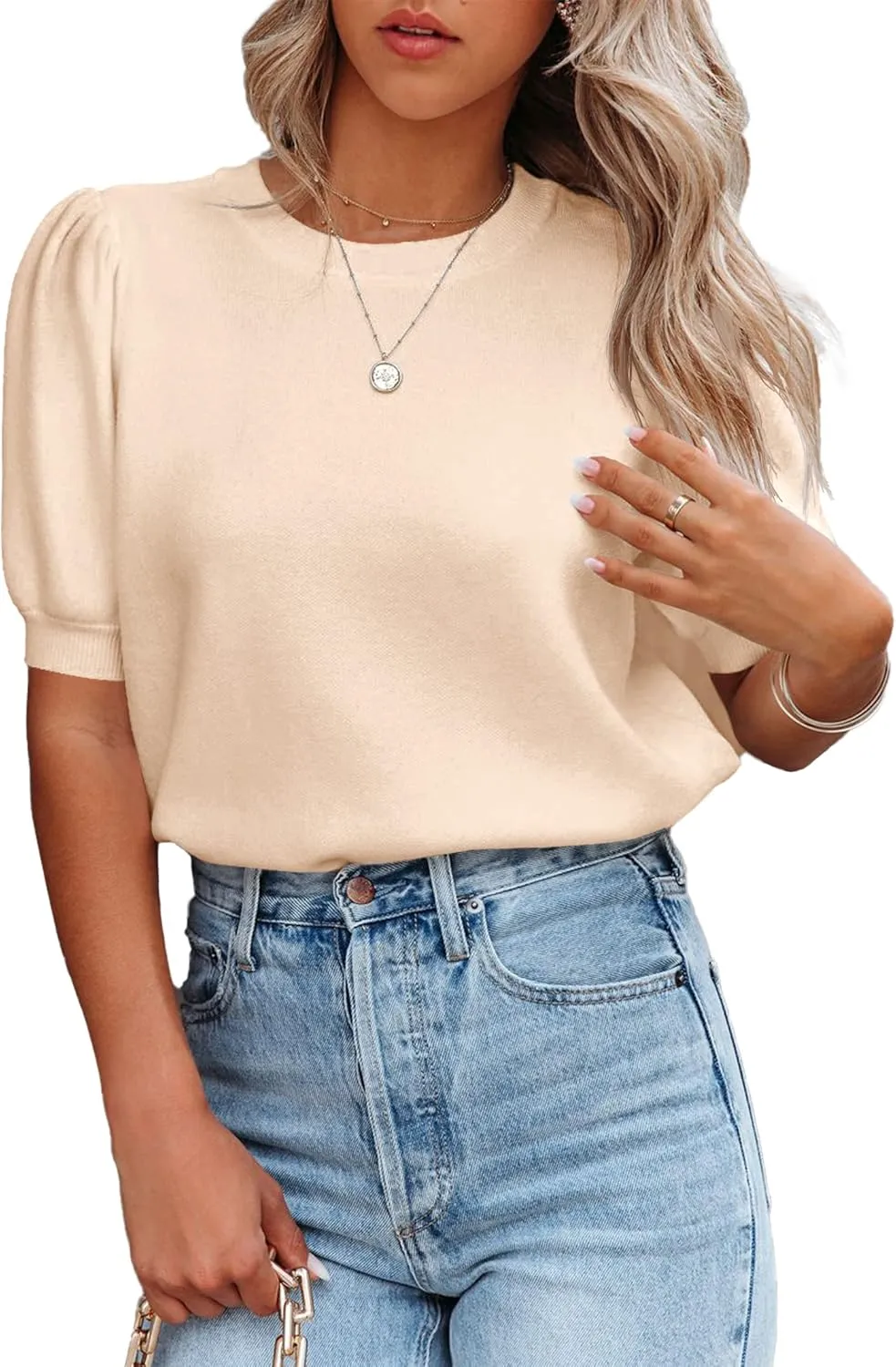 Womens Puff Short Sleeve Sweater Tops Crewneck Basic Knit Pullover Lightweight Solid Casual Sweaters Blouse