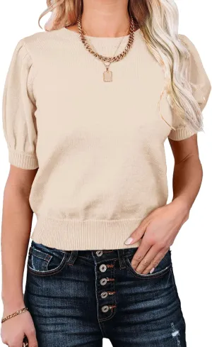 Womens Puff Short Sleeve Sweater Tops Crewneck Basic Knit Pullover Lightweight Solid Casual Sweaters Blouse