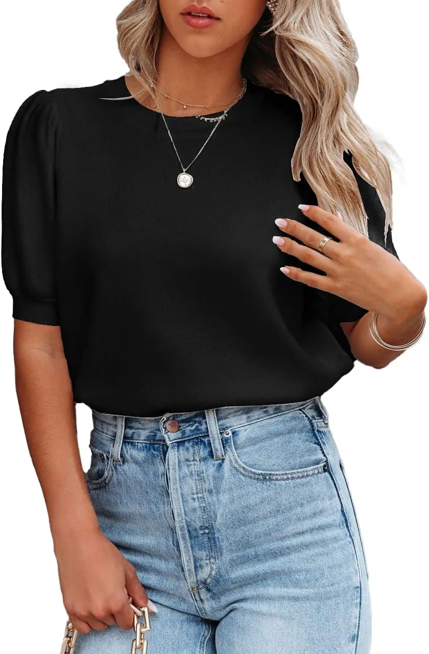 Womens Puff Short Sleeve Sweater Tops Crewneck Basic Knit Pullover Lightweight Solid Casual Sweaters Blouse