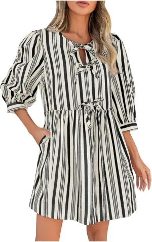 Women's Puff Sleeve Mini Dress Summer Casual Bow Tie Crewneck Striped Loose Flowy Beach Dresses Trendy 2025 Outfits