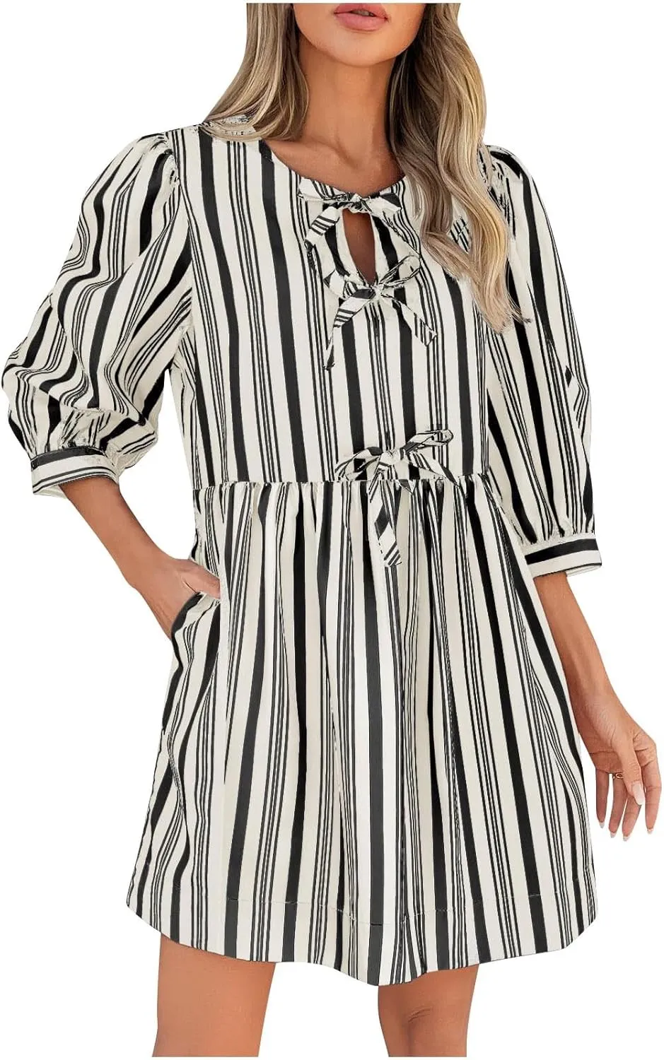 Women's Puff Sleeve Mini Dress Summer Casual Bow Tie Crewneck Striped Loose Flowy Beach Dresses Trendy 2025 Outfits