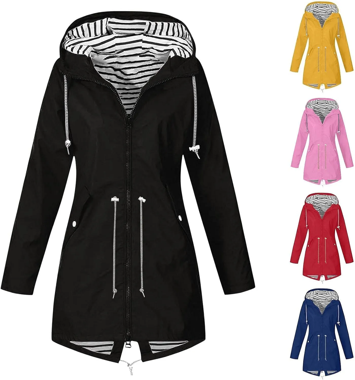Women's Raincoat Windbreaker Zipper Hoodies Rain Jacket Waterproof Lightweight Outdoor Rain Coat Hooded Trench Coats