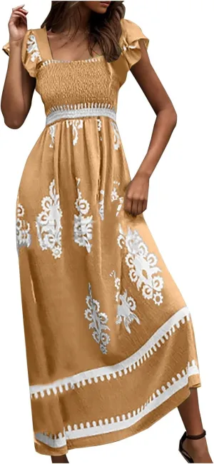 Women's Retro Floral Dress Fashion Ruffle Sleeve Smocked Long Dress 2025 Summer Beach Vacation Flowy Maxi Dresses