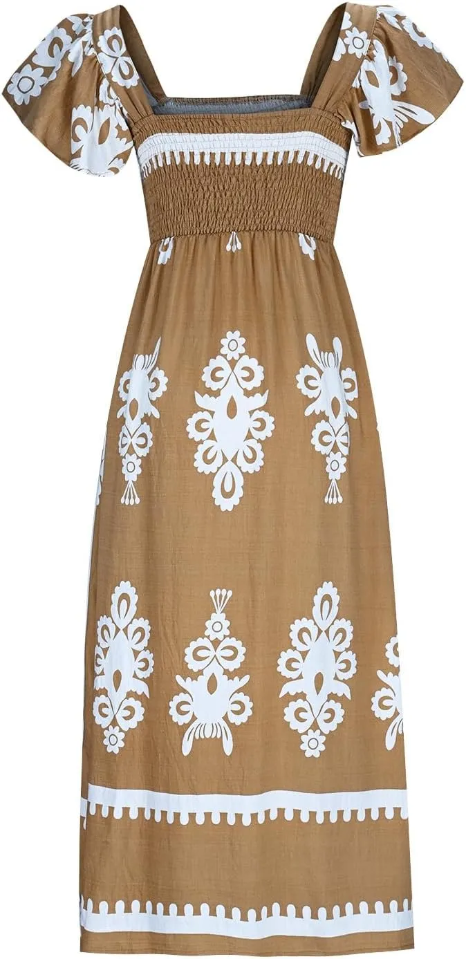 Women's Retro Floral Dress Fashion Ruffle Sleeve Smocked Long Dress 2025 Summer Beach Vacation Flowy Maxi Dresses