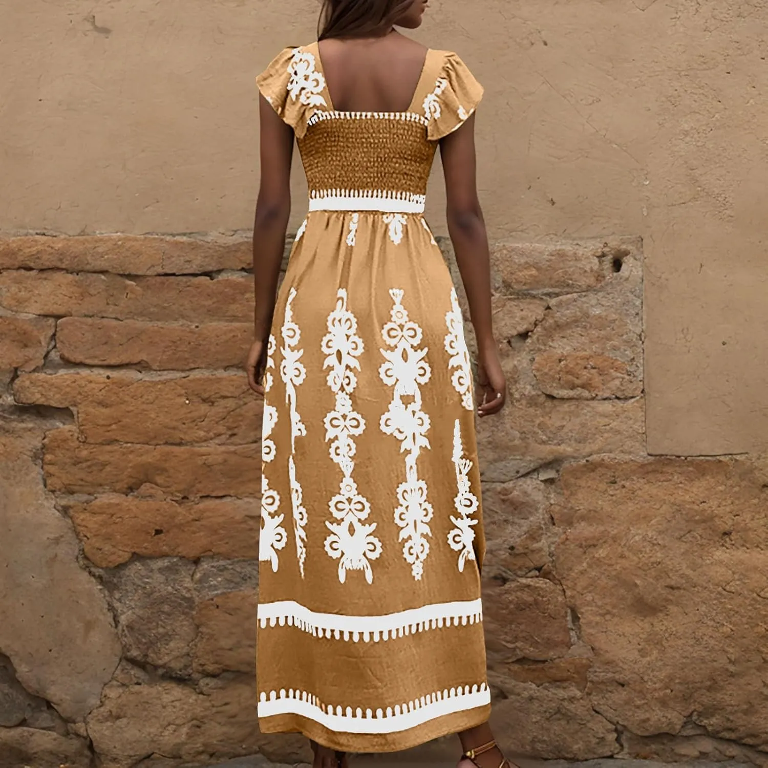 Women's Retro Floral Dress Fashion Ruffle Sleeve Smocked Long Dress 2025 Summer Beach Vacation Flowy Maxi Dresses
