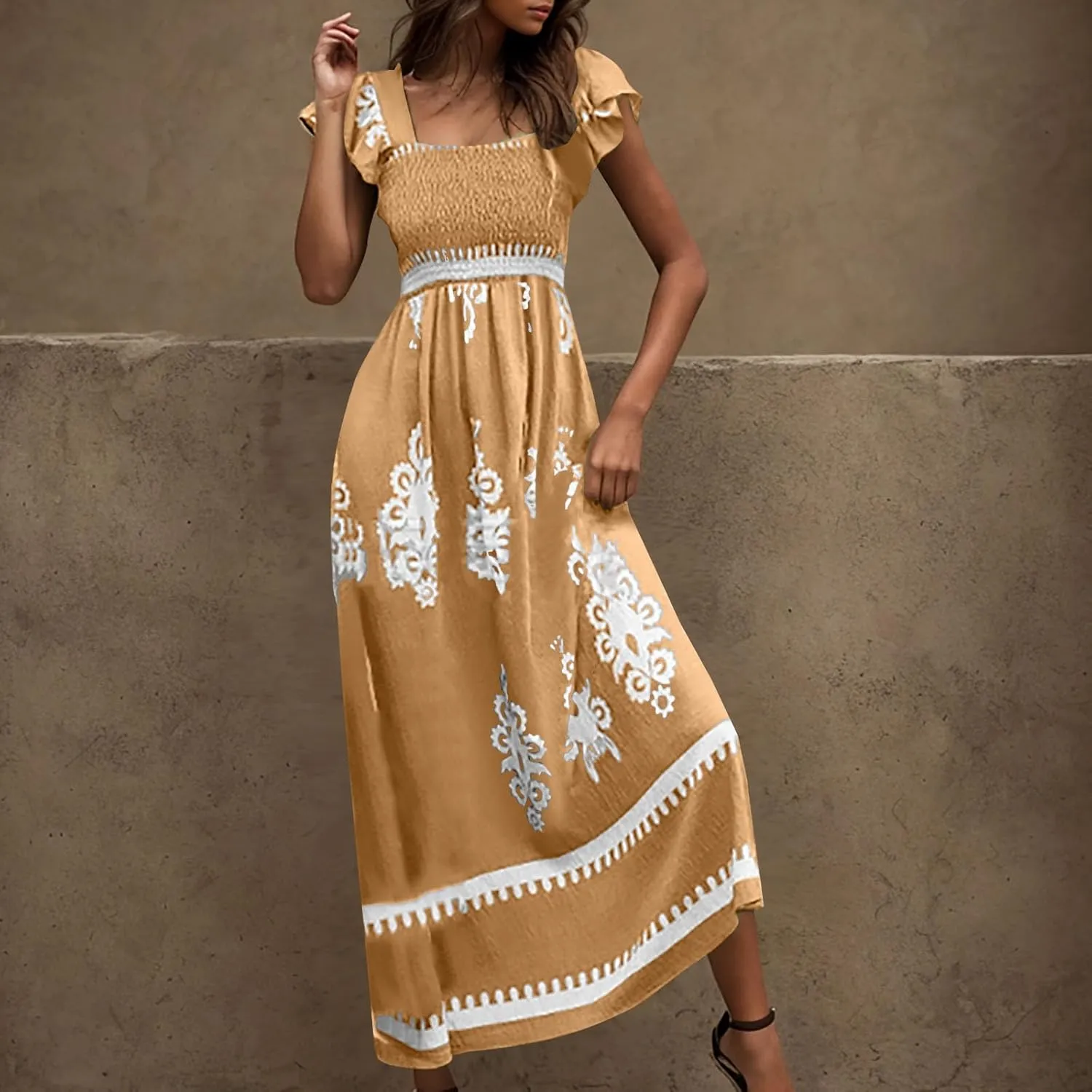 Women's Retro Floral Dress Fashion Ruffle Sleeve Smocked Long Dress 2025 Summer Beach Vacation Flowy Maxi Dresses