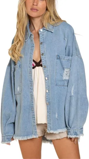 Women's Ripped Distressed Jean Jacket Vintage Oversized Frayed Washed Denim Jacket Boyfriend Western Shacket Coat