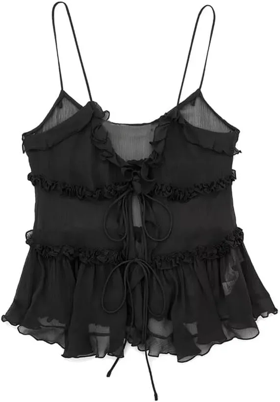 Women's Ruffle Camisole Tank Women Sleeveless Backless Spaghetti Strap Tank Top