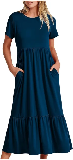 Women's Ruffle Midi Dress with Pockets Flowy Summer Crew Neck Short Sleeve T-Shirt Dress Casual Loose A line Sundress