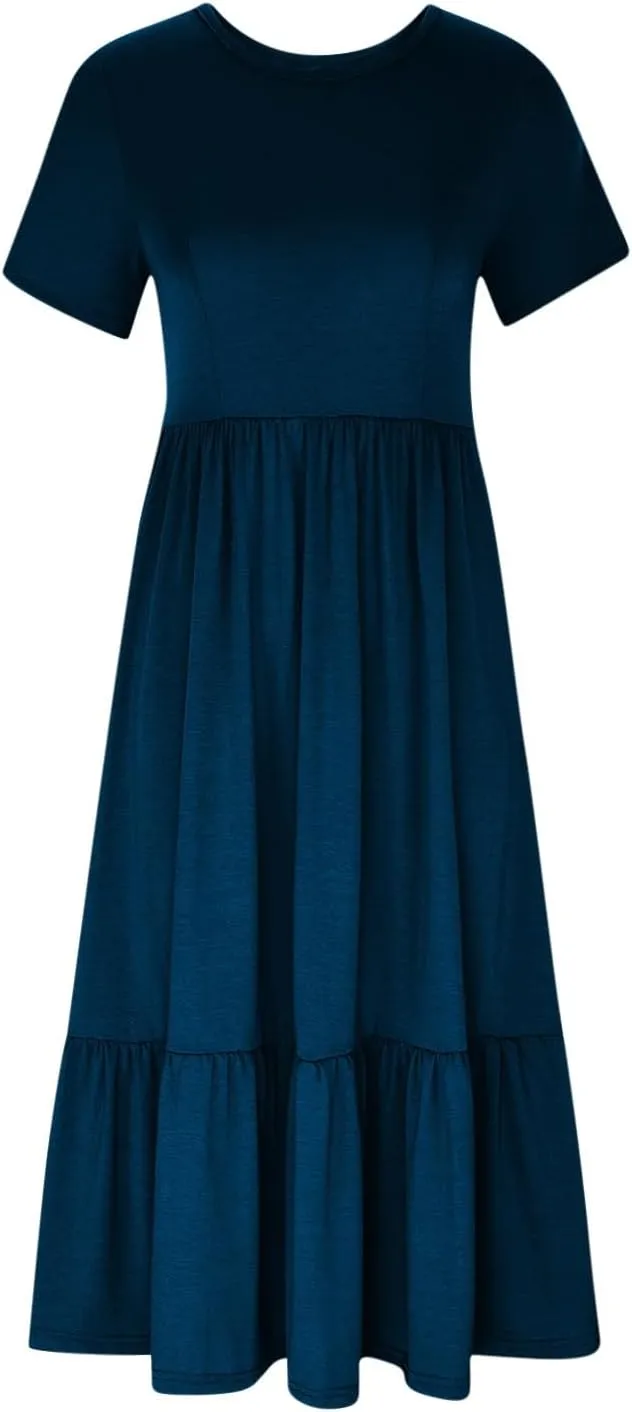 Women's Ruffle Midi Dress with Pockets Flowy Summer Crew Neck Short Sleeve T-Shirt Dress Casual Loose A line Sundress