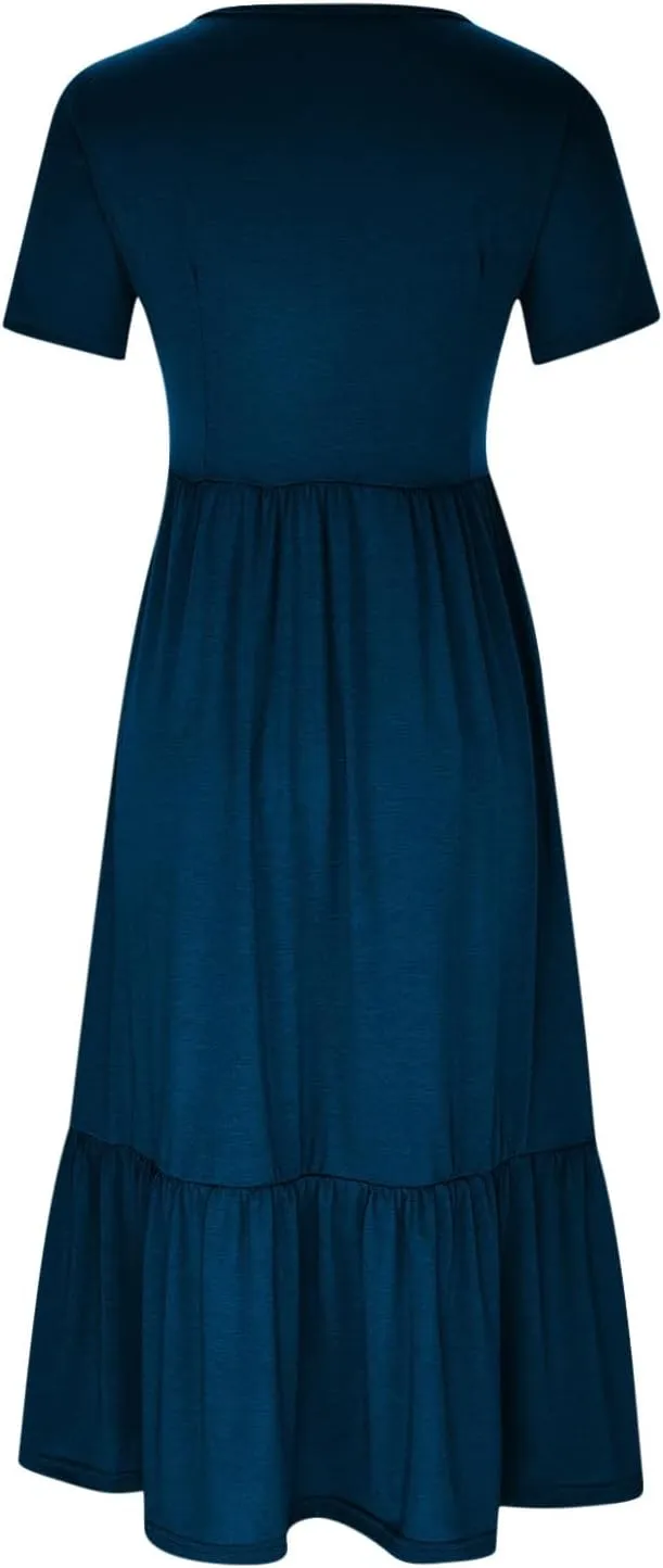 Women's Ruffle Midi Dress with Pockets Flowy Summer Crew Neck Short Sleeve T-Shirt Dress Casual Loose A line Sundress