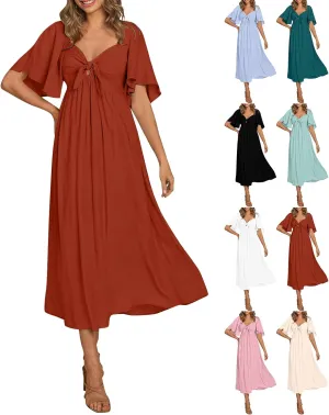 Womens Ruffled Sleeve Midi Dress Elegant Tie V Neck High Waist Summer Dress Casual Hem A-Line Flowy Maxi Dresses