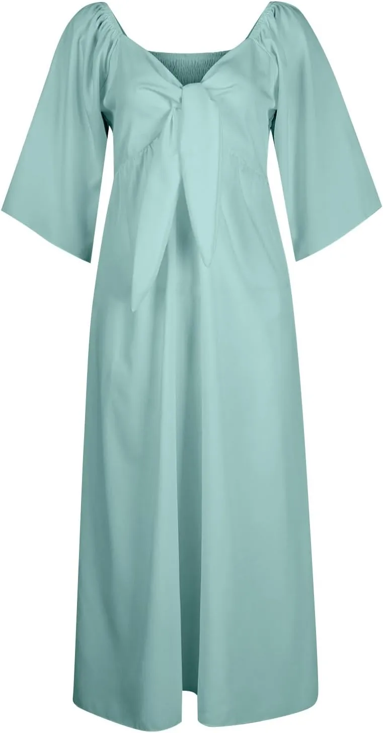 Womens Ruffled Sleeve Midi Dress Elegant Tie V Neck High Waist Summer Dress Casual Hem A-Line Flowy Maxi Dresses