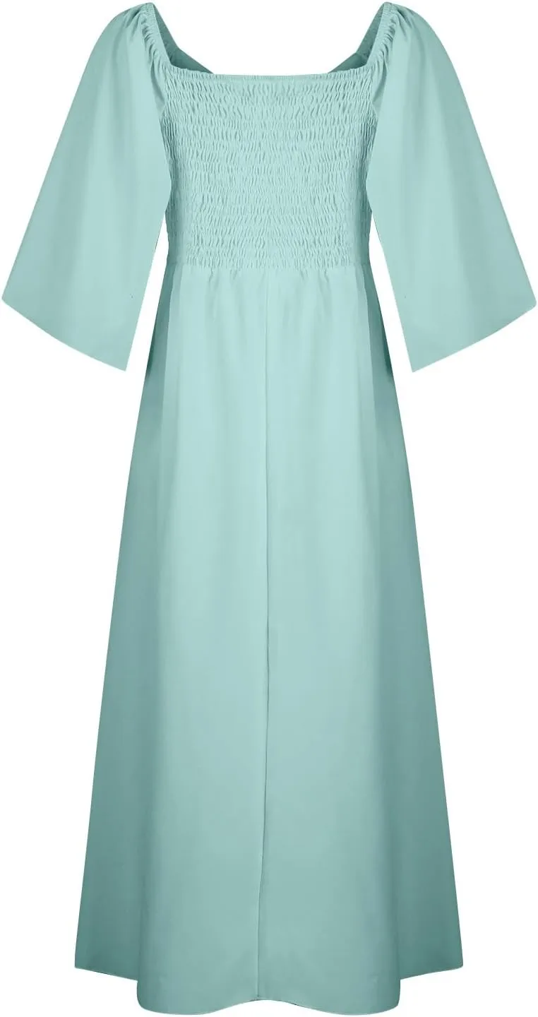 Womens Ruffled Sleeve Midi Dress Elegant Tie V Neck High Waist Summer Dress Casual Hem A-Line Flowy Maxi Dresses