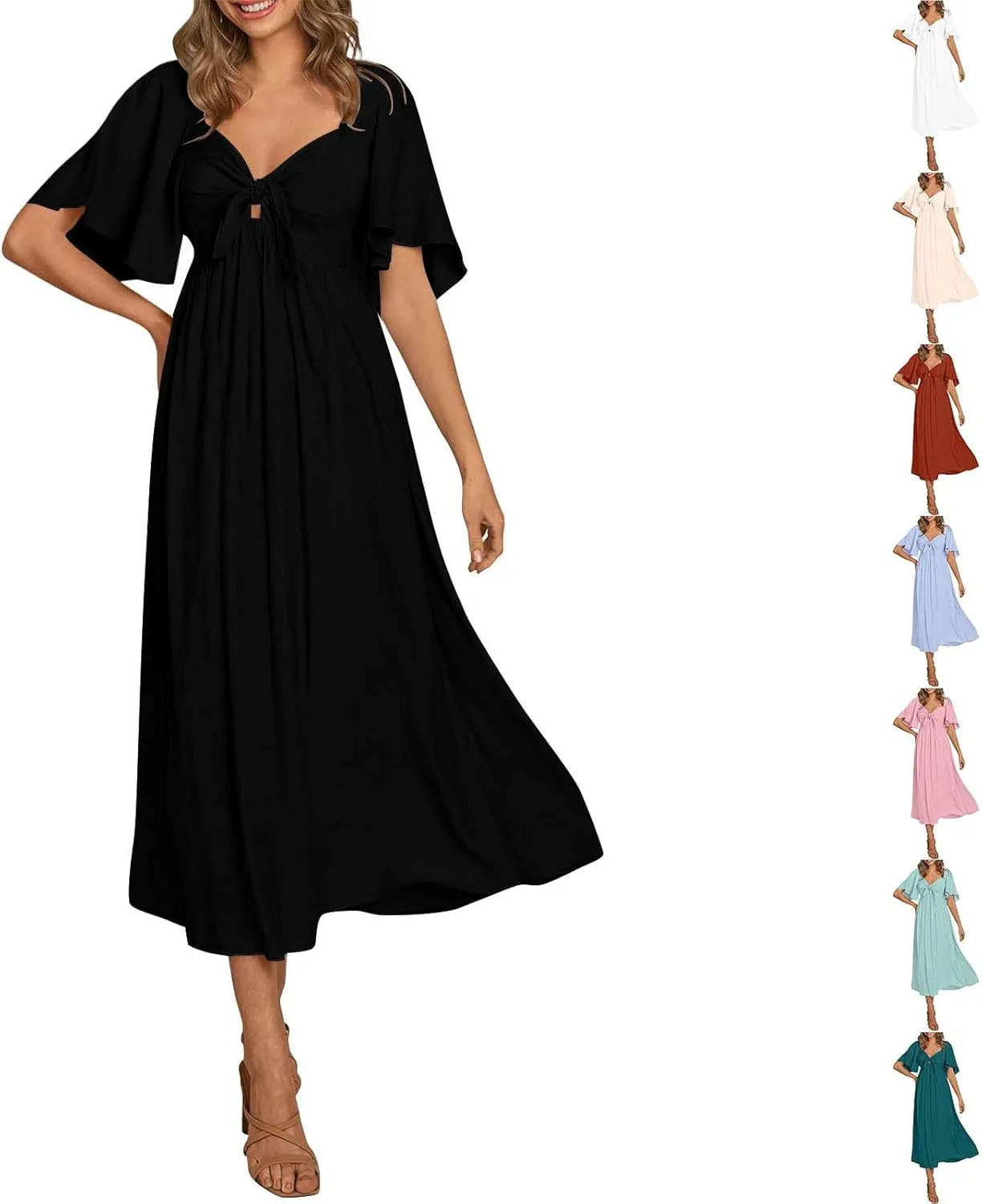 Womens Ruffled Sleeve Midi Dress Elegant Tie V Neck High Waist Summer Dress Casual Hem A-Line Flowy Maxi Dresses