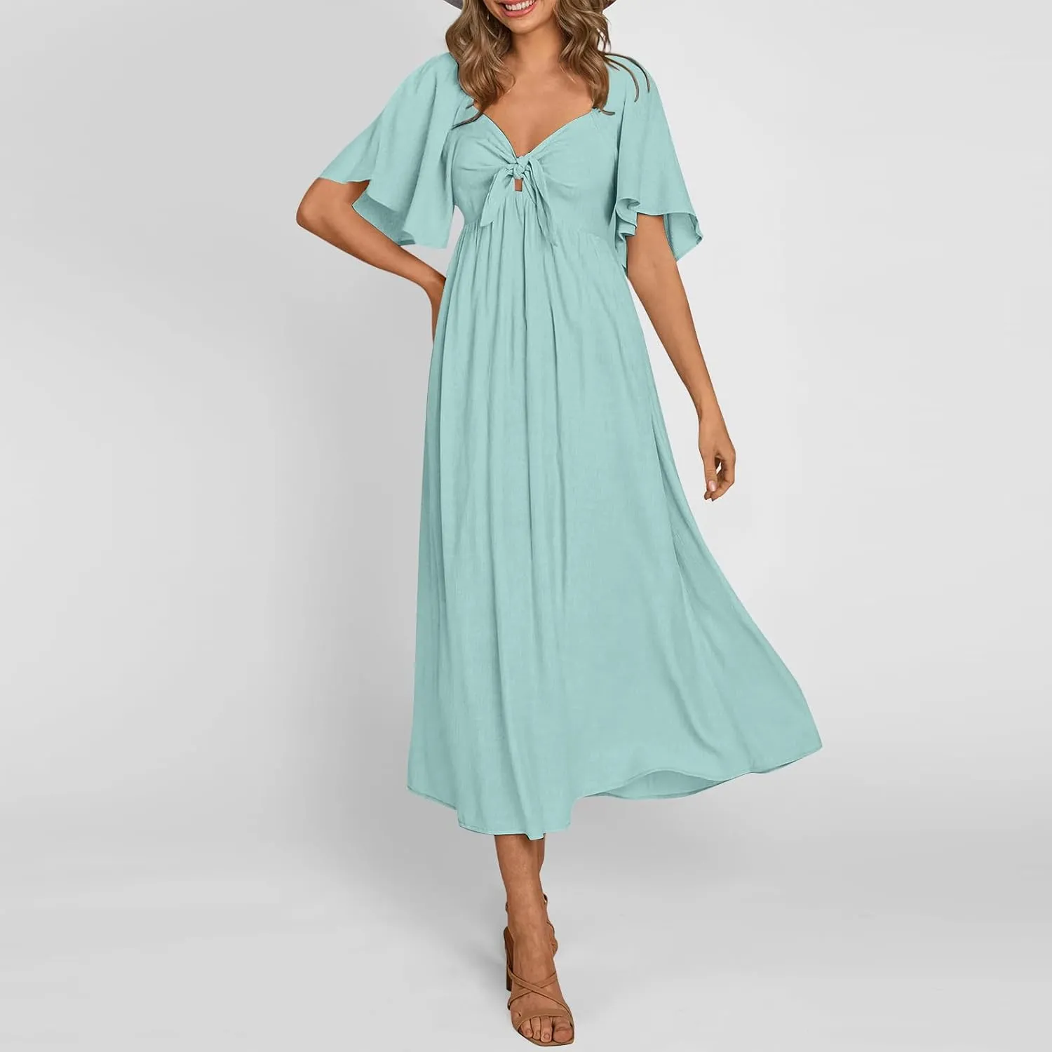 Womens Ruffled Sleeve Midi Dress Elegant Tie V Neck High Waist Summer Dress Casual Hem A-Line Flowy Maxi Dresses