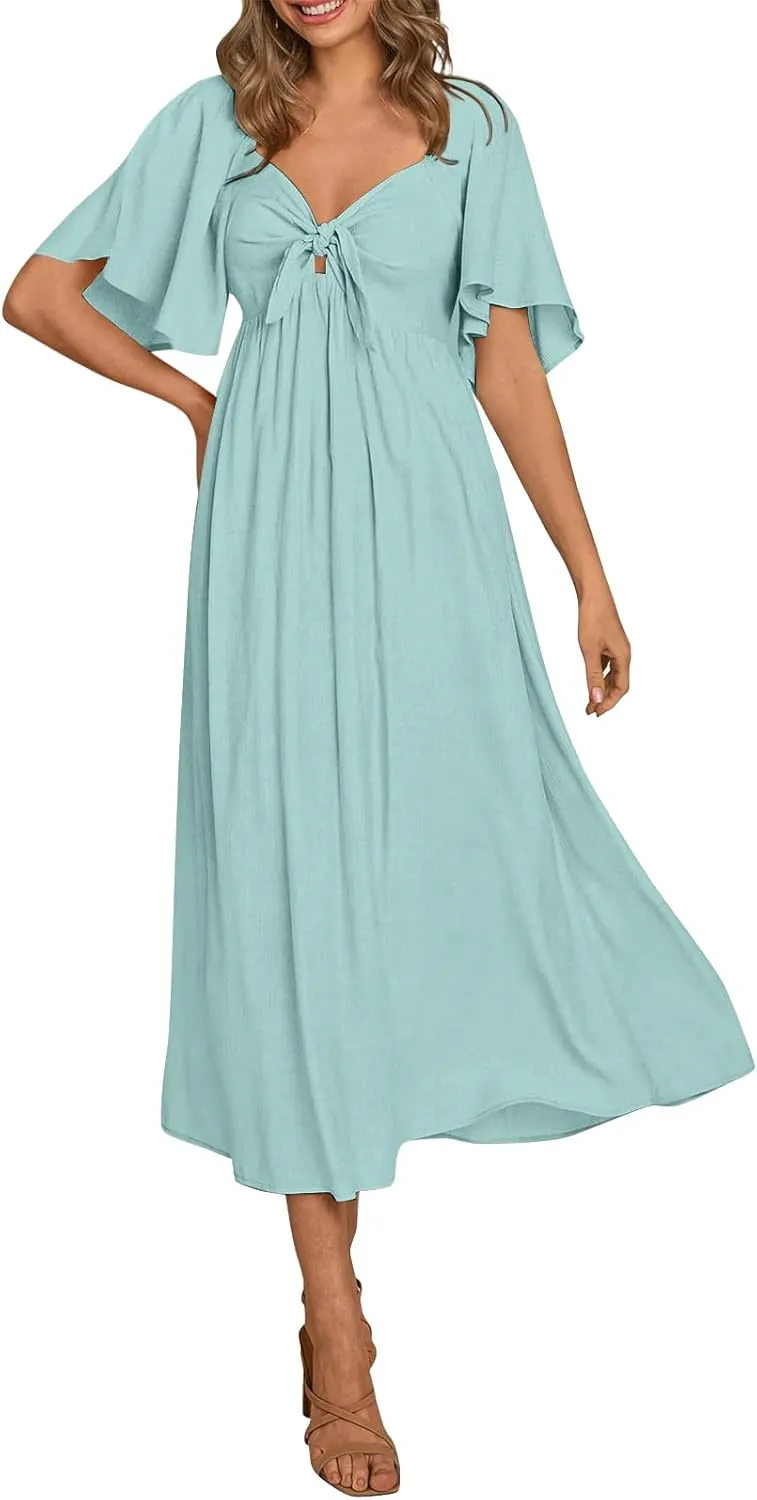 Womens Ruffled Sleeve Midi Dress Elegant Tie V Neck High Waist Summer Dress Casual Hem A-Line Flowy Maxi Dresses