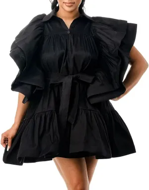 Womens Ruffles Boho Floral Printed Babydoll Loose Swing Casual Short Mini T-Shirt Dress