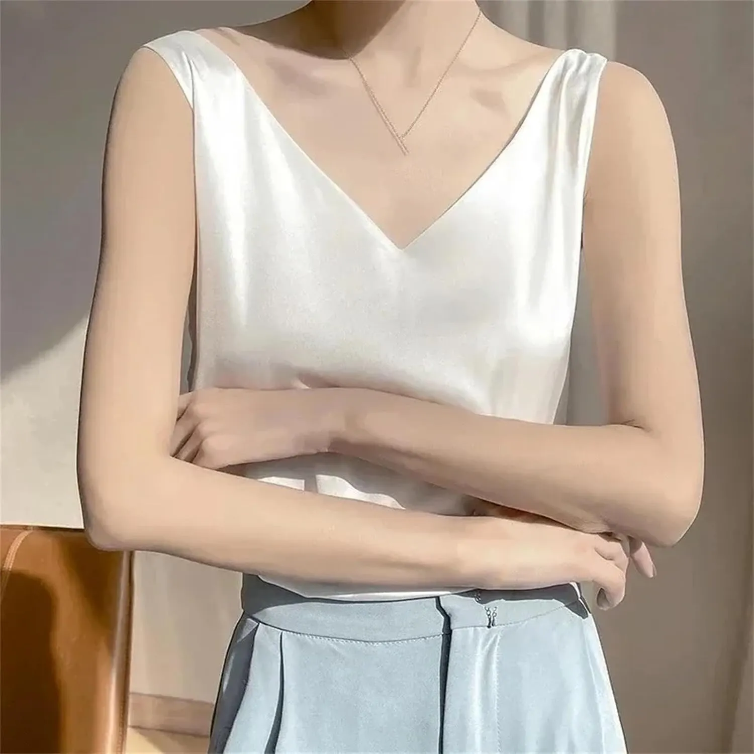 Women's Satin Silk Tank Tops Summer Sexy Camisole Spaghetti Strap Top