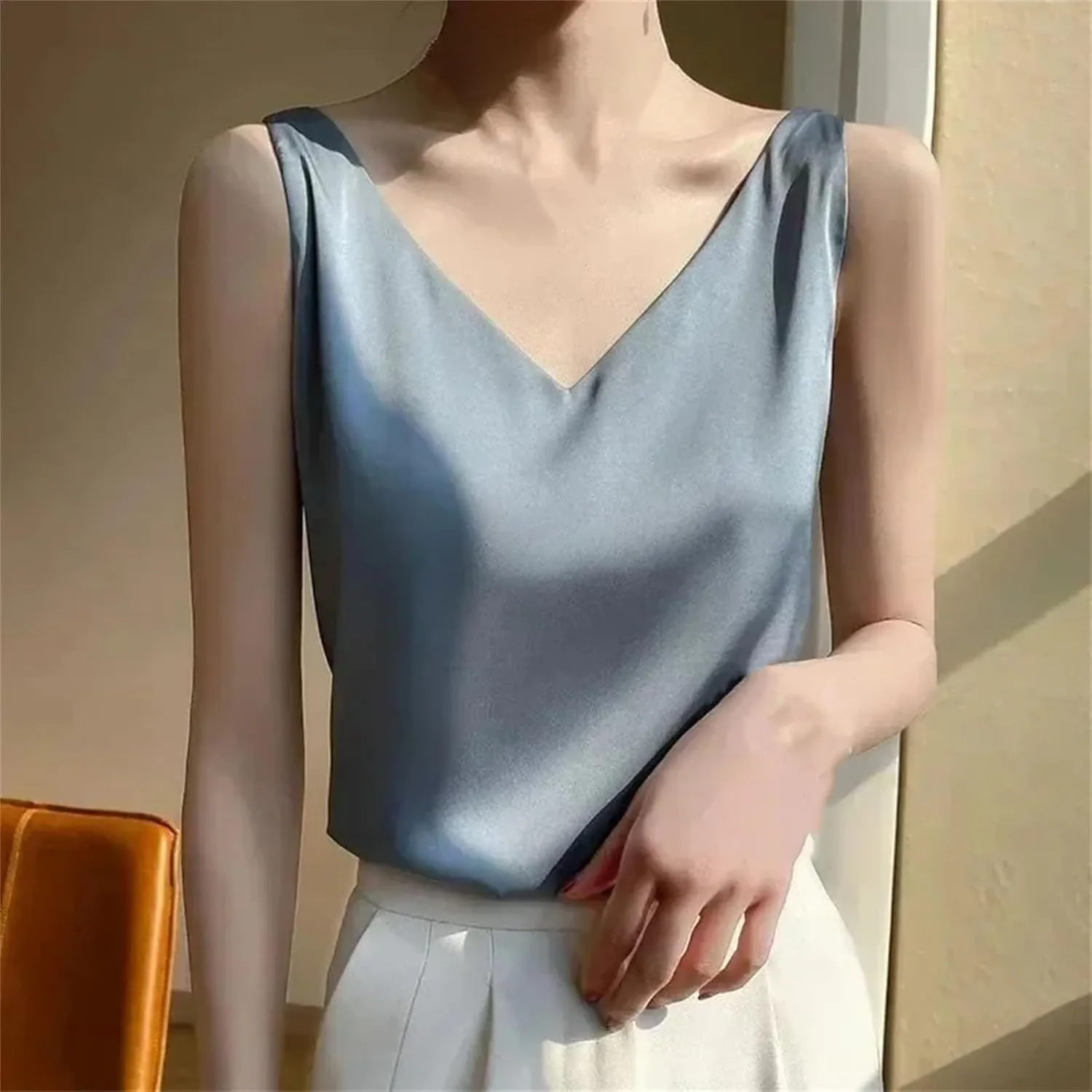 Women's Satin Silk Tank Tops Summer Sexy Camisole Spaghetti Strap Top
