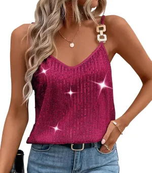 Womens Sequin Top V Neck Strappy Sparkle Camisole Glitter Sleeveless Tanks Tops