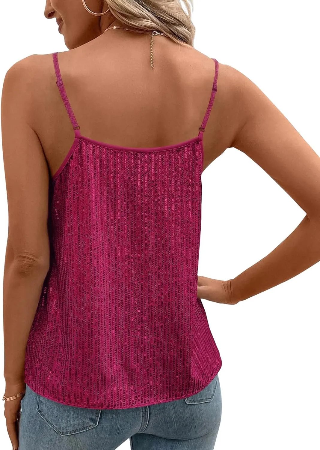 Womens Sequin Top V Neck Strappy Sparkle Camisole Glitter Sleeveless Tanks Tops