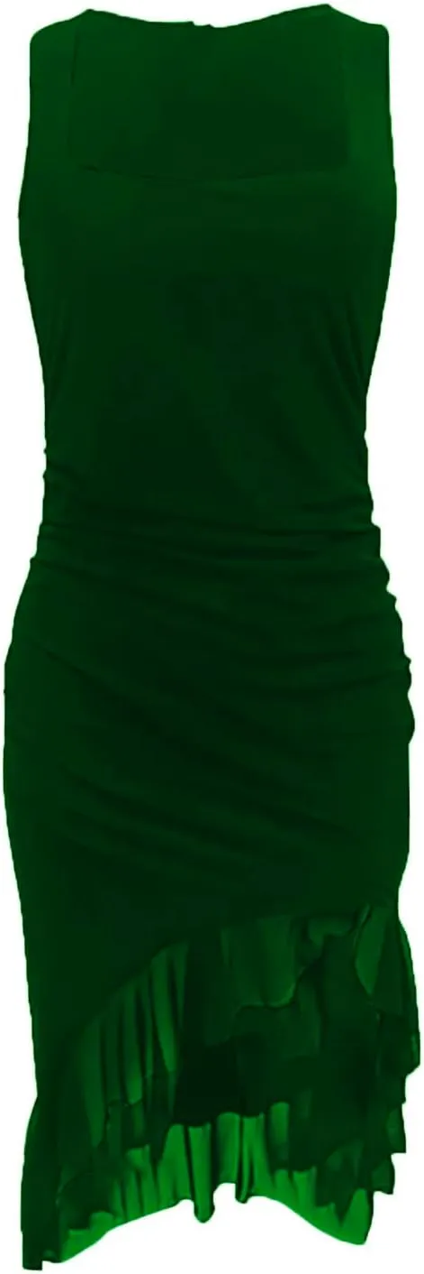 Women's Sexy Ruched Bodycon Midi Dresses Sleeveless Square Neck Ruffle Hem Cocktail Party Tank Dress Clubwear Gowns