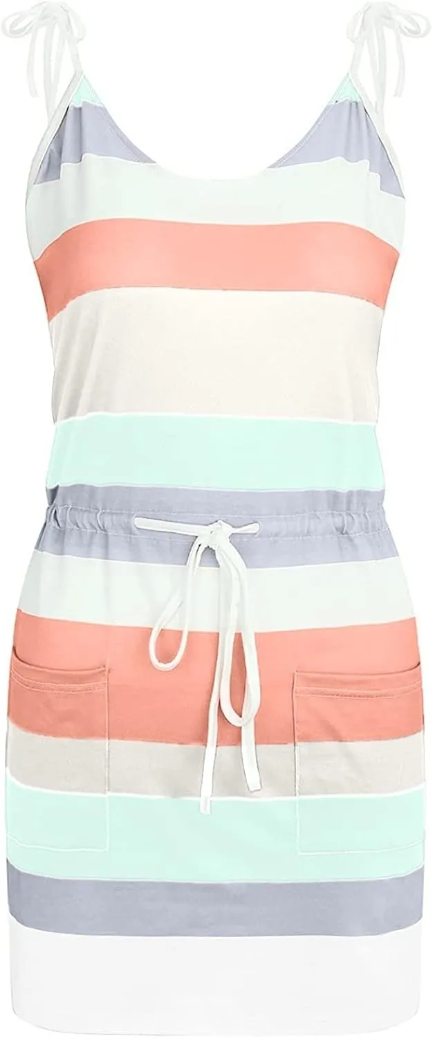 Womens Sexy Spaghetti Straps Sun Dress Elastic Waist Sleeveless Mini Dresses Casual Summer Beach Boho Dress w/Pockets