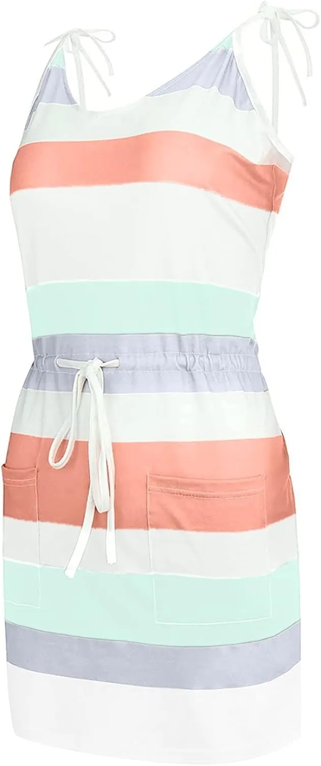 Womens Sexy Spaghetti Straps Sun Dress Elastic Waist Sleeveless Mini Dresses Casual Summer Beach Boho Dress w/Pockets
