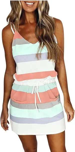 Womens Sexy Spaghetti Straps Sun Dress Elastic Waist Sleeveless Mini Dresses Casual Summer Beach Boho Dress w/Pockets