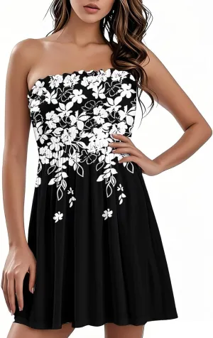 Womens Sexy Strapless Summer Mini Dress Sleeveless Smocked A Lined Bubble Wedding Party Dress Beach Vacation Clothes