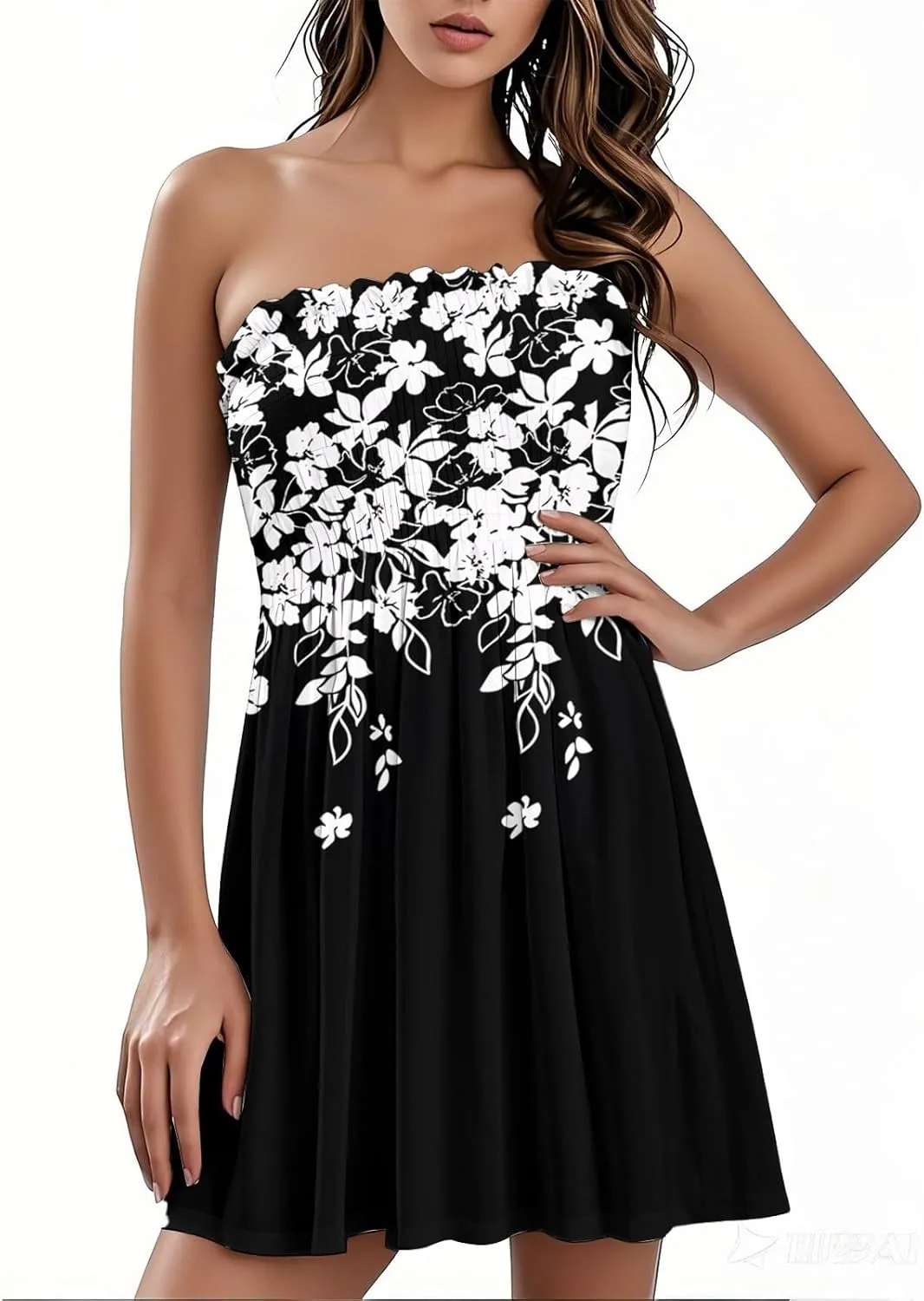 Womens Sexy Strapless Summer Mini Dress Sleeveless Smocked A Lined Bubble Wedding Party Dress Beach Vacation Clothes
