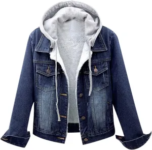 Womens Sherpa Fleece Lined Hoodie Denim Jacket 2022 Winter Jean Jacket Coats Oversized Long Sleeve Trucker Jacket Coat