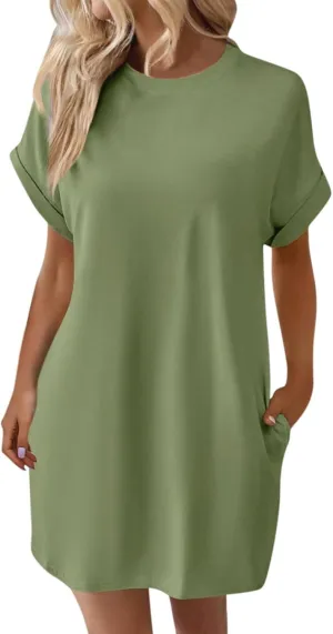 Womens Shirt Dress Summer Short Sleeve Tshirt Dress Beach Mini Sundress Crew Neck Loose Solid Color Nightgown