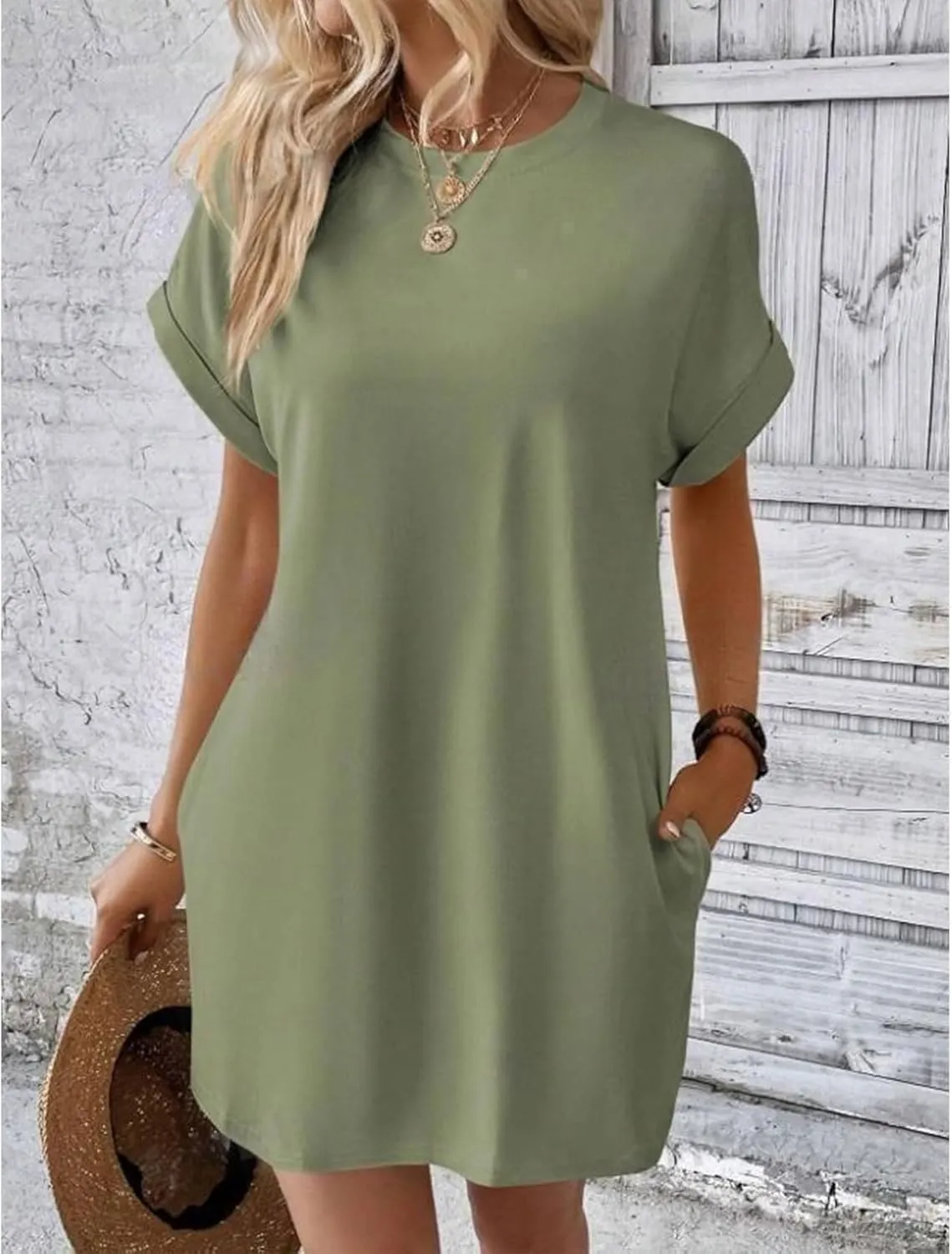 Womens Shirt Dress Summer Short Sleeve Tshirt Dress Beach Mini Sundress Crew Neck Loose Solid Color Nightgown