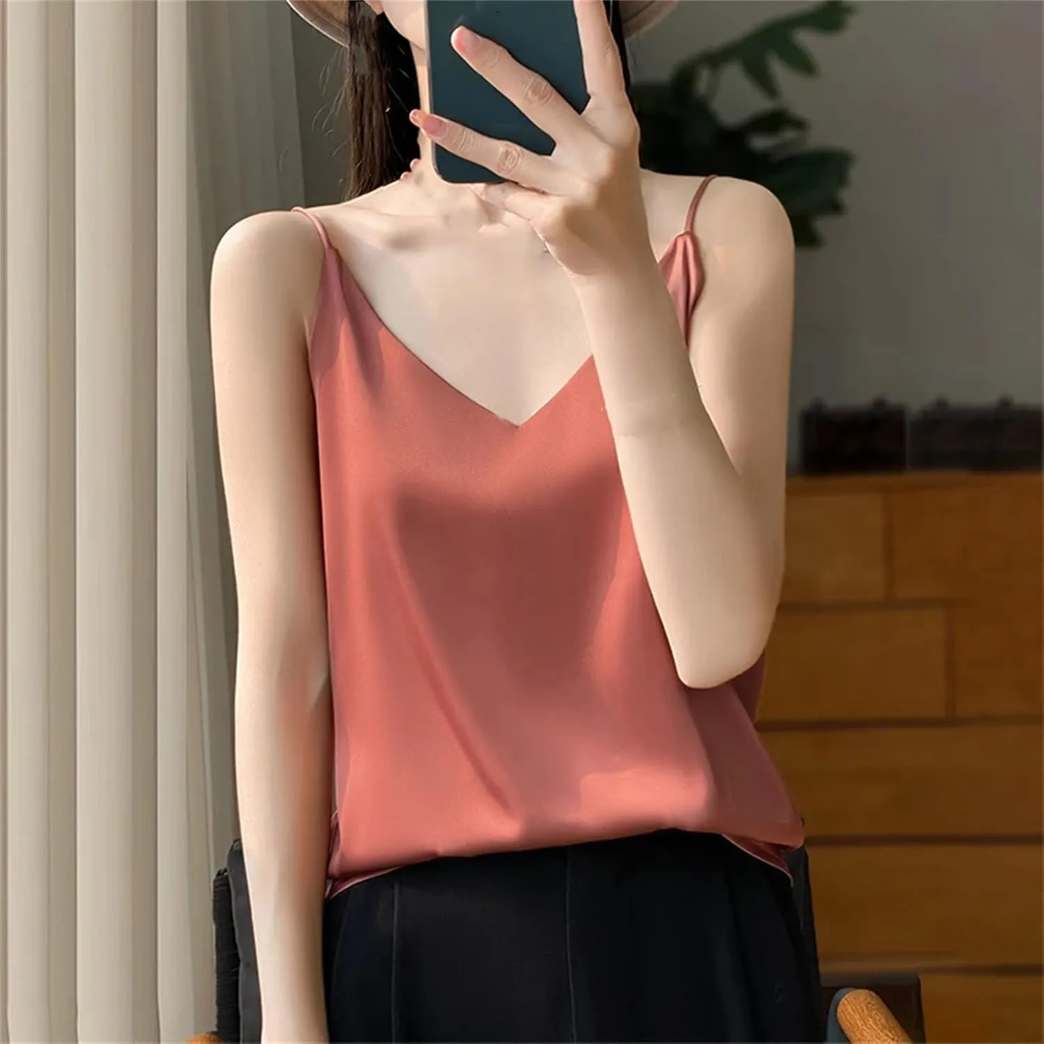 Women's Silky Camisole Sleeveless Top Satin Work Vest Casual Cami Shirt