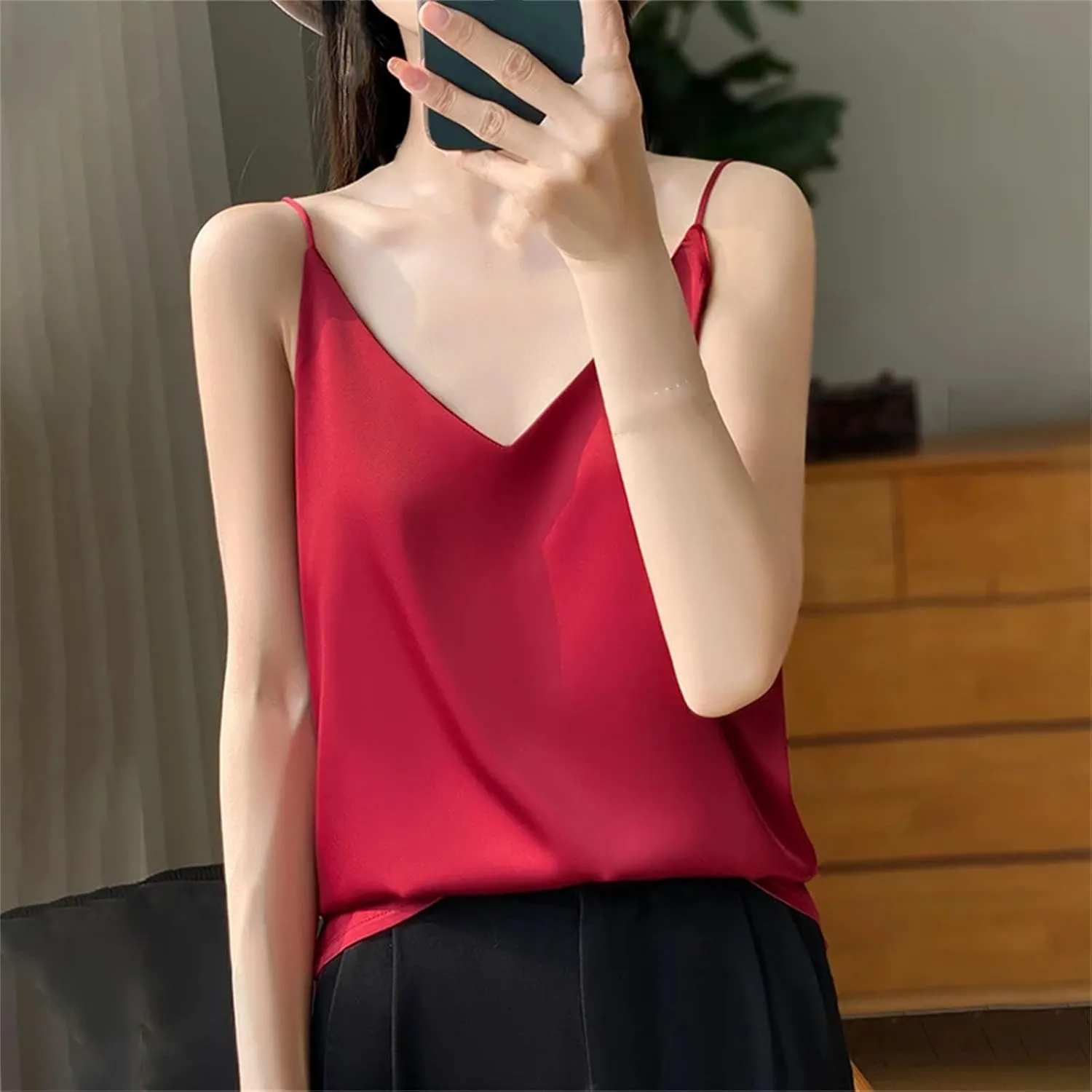 Women's Silky Camisole Sleeveless Top Satin Work Vest Casual Cami Shirt