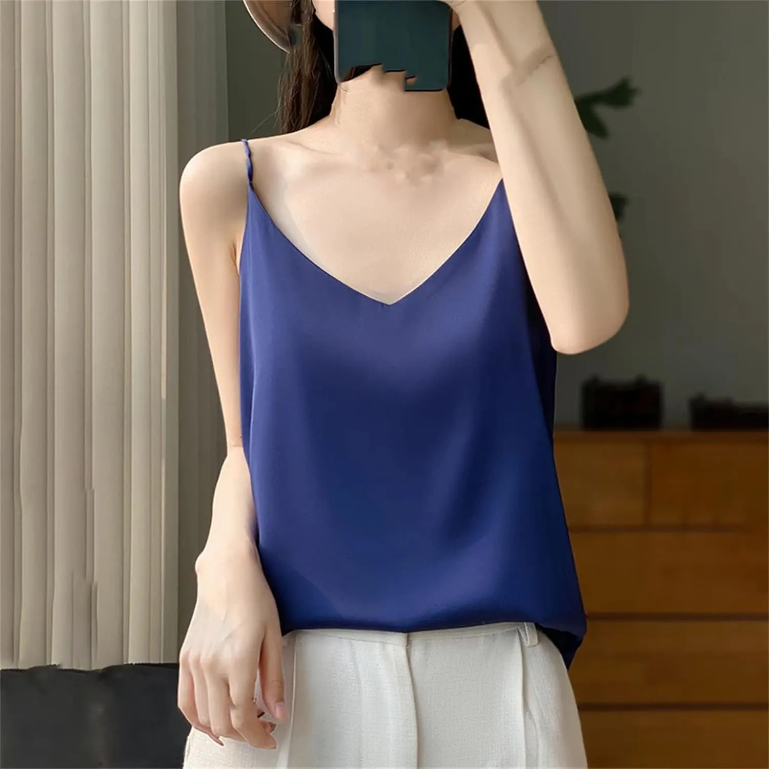 Women's Silky Camisole Sleeveless Top Satin Work Vest Casual Cami Shirt