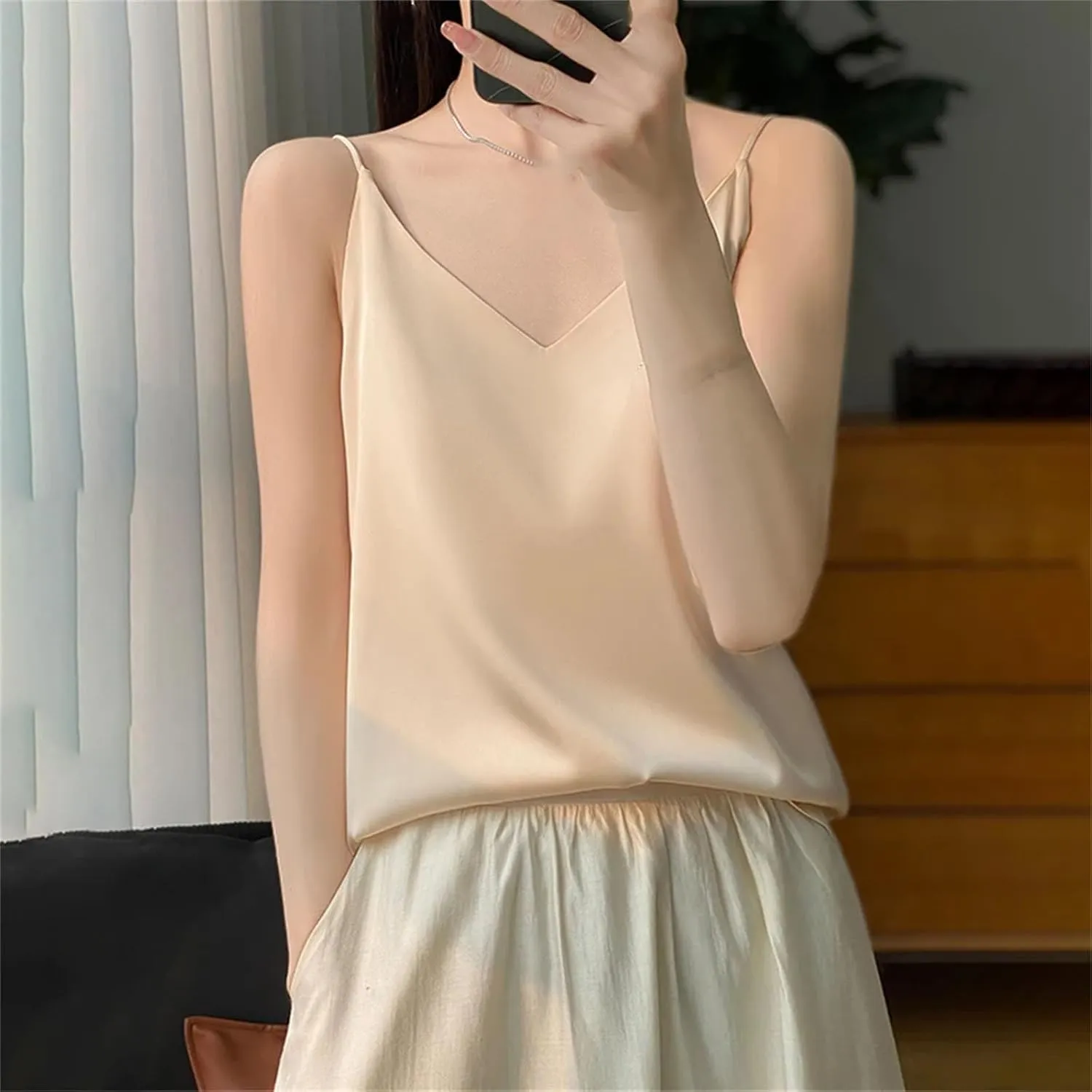 Women's Silky Camisole Sleeveless Top Satin Work Vest Casual Cami Shirt