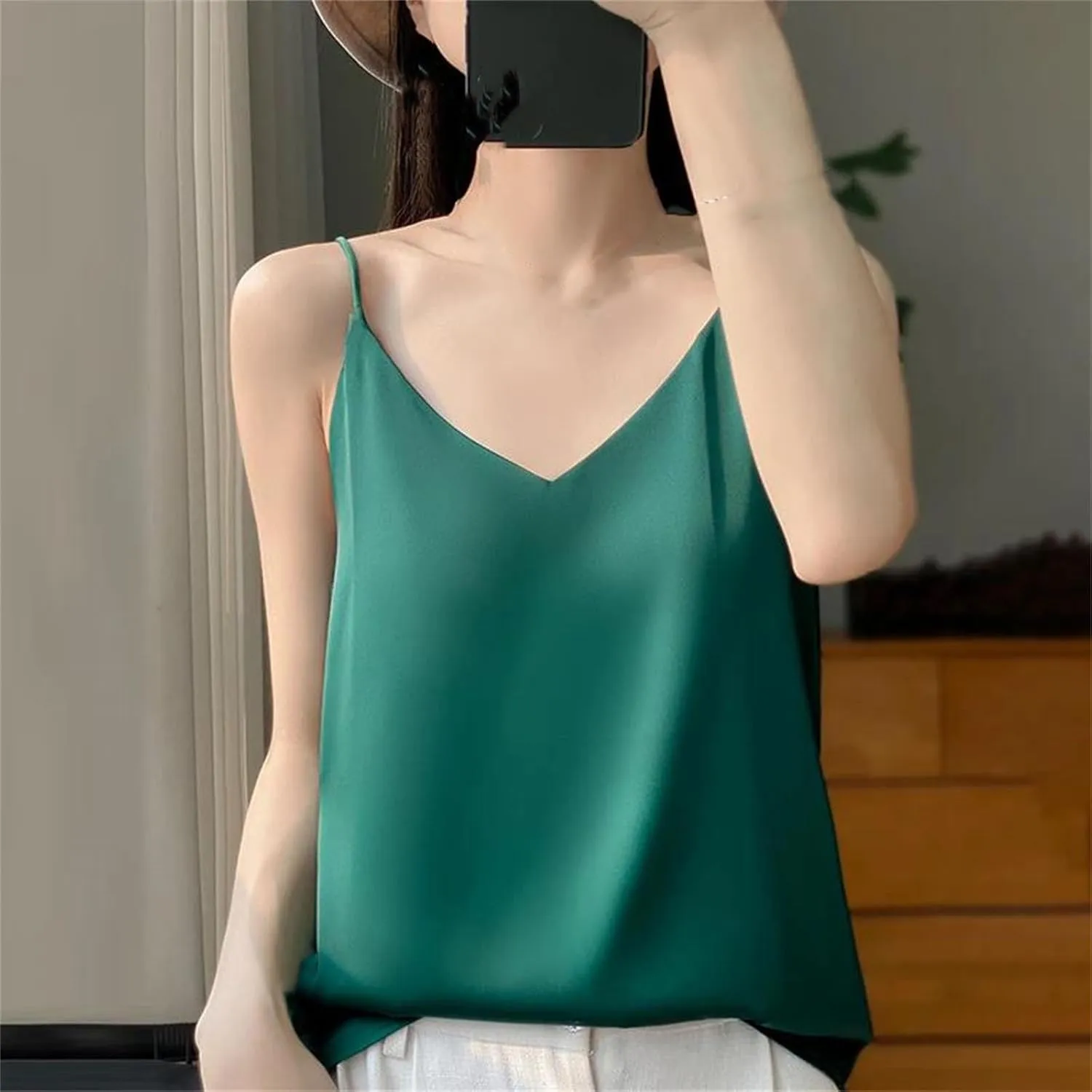 Women's Silky Camisole Sleeveless Top Satin Work Vest Casual Cami Shirt
