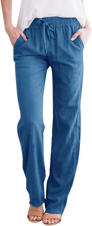 Women's Solid Cotton Linen Straight Pants Drawstring Loose Fit Summer Pants Wide Leg Trousers with Side Pockets for Causal