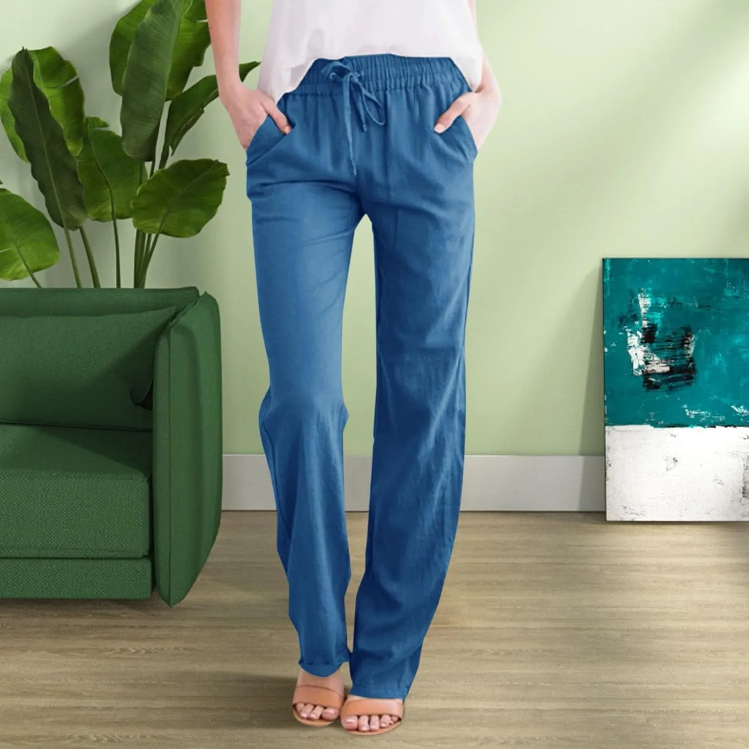 Women's Solid Cotton Linen Straight Pants Drawstring Loose Fit Summer Pants Wide Leg Trousers with Side Pockets for Causal