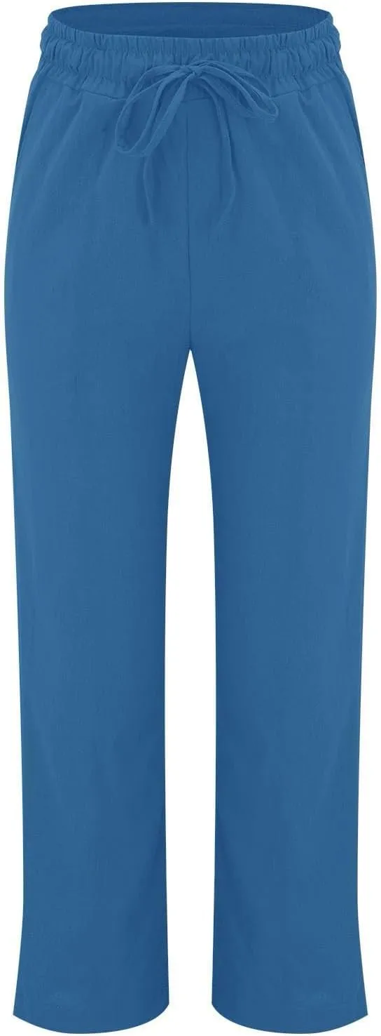 Women's Solid Cotton Linen Straight Pants Drawstring Loose Fit Summer Pants Wide Leg Trousers with Side Pockets for Causal