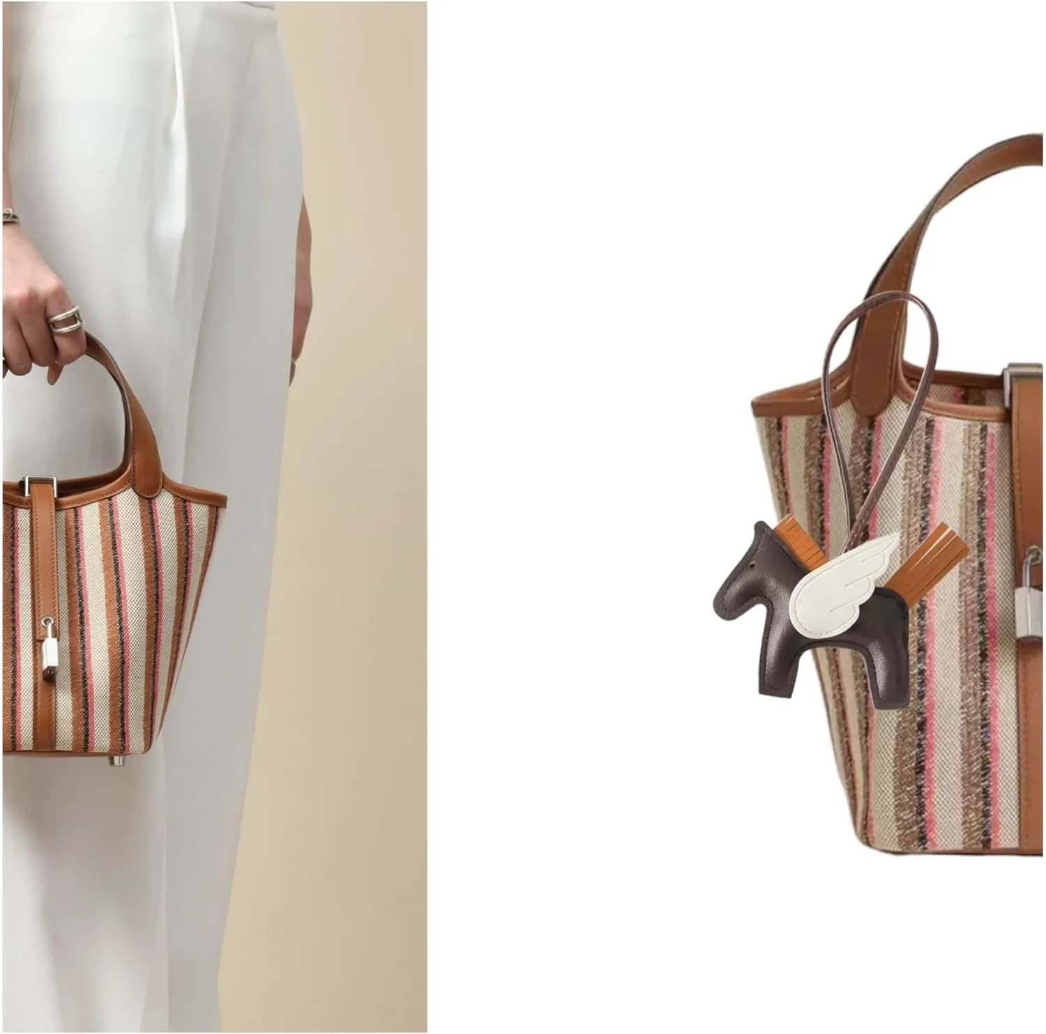 Women's striped canvas handbag, top handbag, brown leather decoration, bucket style