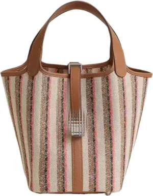 Women's striped canvas handbag, top handbag, brown leather decoration, bucket style
