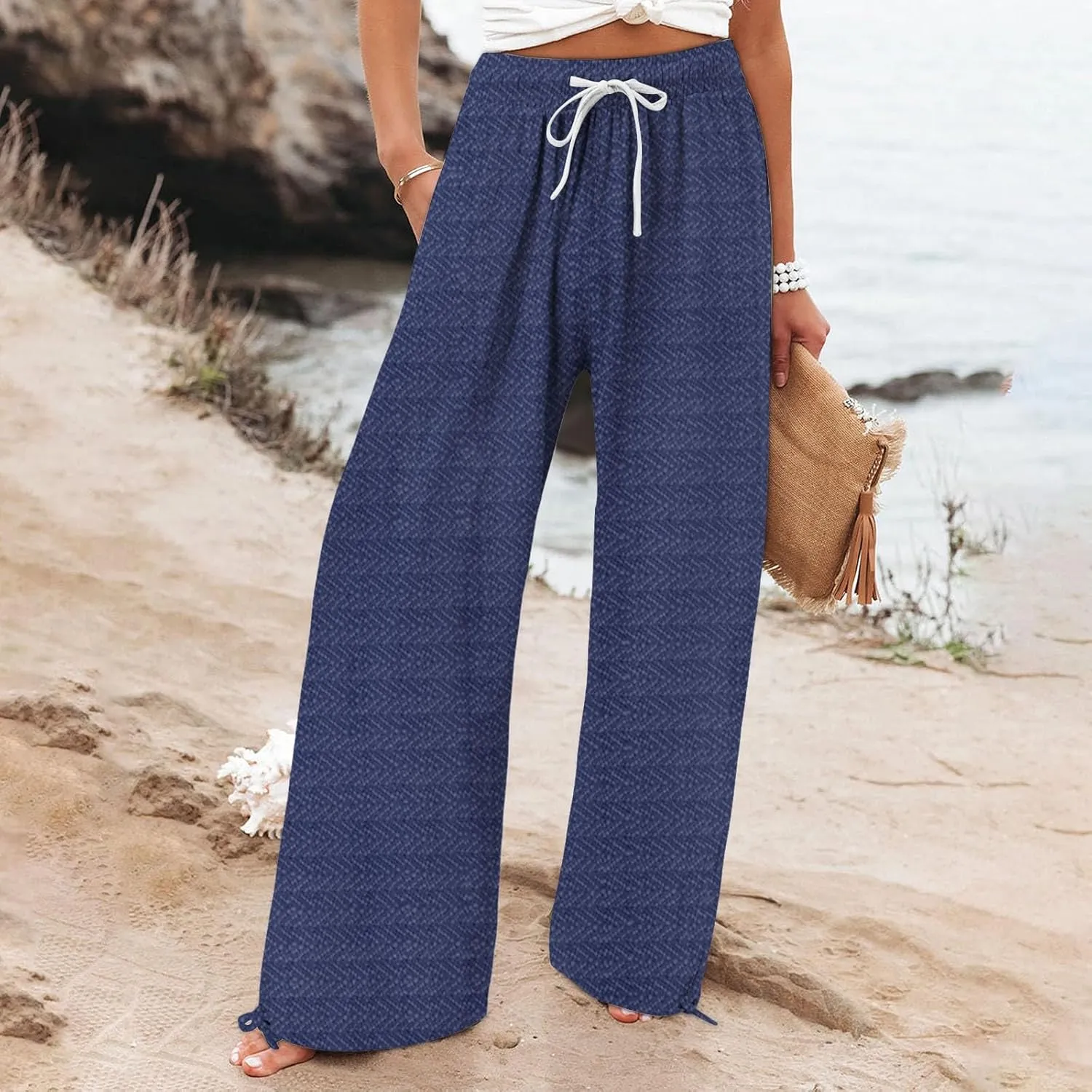 Women's Striped Cotton Linen Wide Leg Pants Summer Casual Comfy Pants with Pockets 2025 Drawstring Elastic Waist Trousers