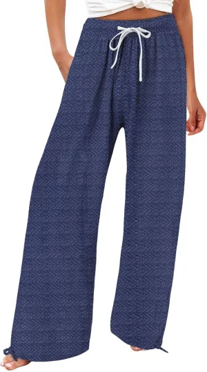 Women's Striped Cotton Linen Wide Leg Pants Summer Casual Comfy Pants with Pockets 2025 Drawstring Elastic Waist Trousers