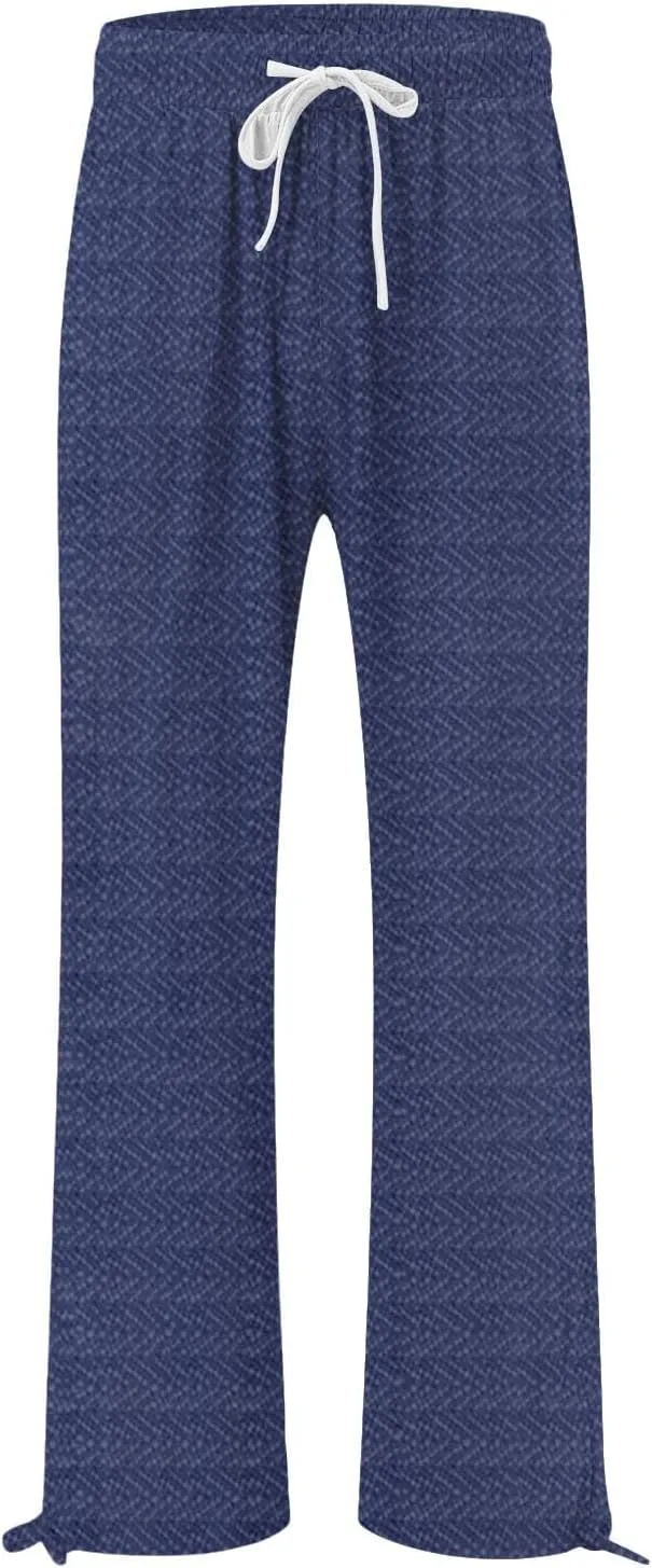 Women's Striped Cotton Linen Wide Leg Pants Summer Casual Comfy Pants with Pockets 2025 Drawstring Elastic Waist Trousers